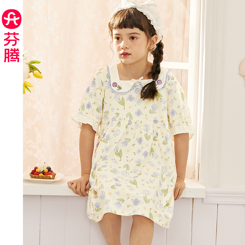 13175532.芬腾女童睡裙夏季纯棉薄款短袖睡衣裙儿童女孩宽松全棉可爱家居服