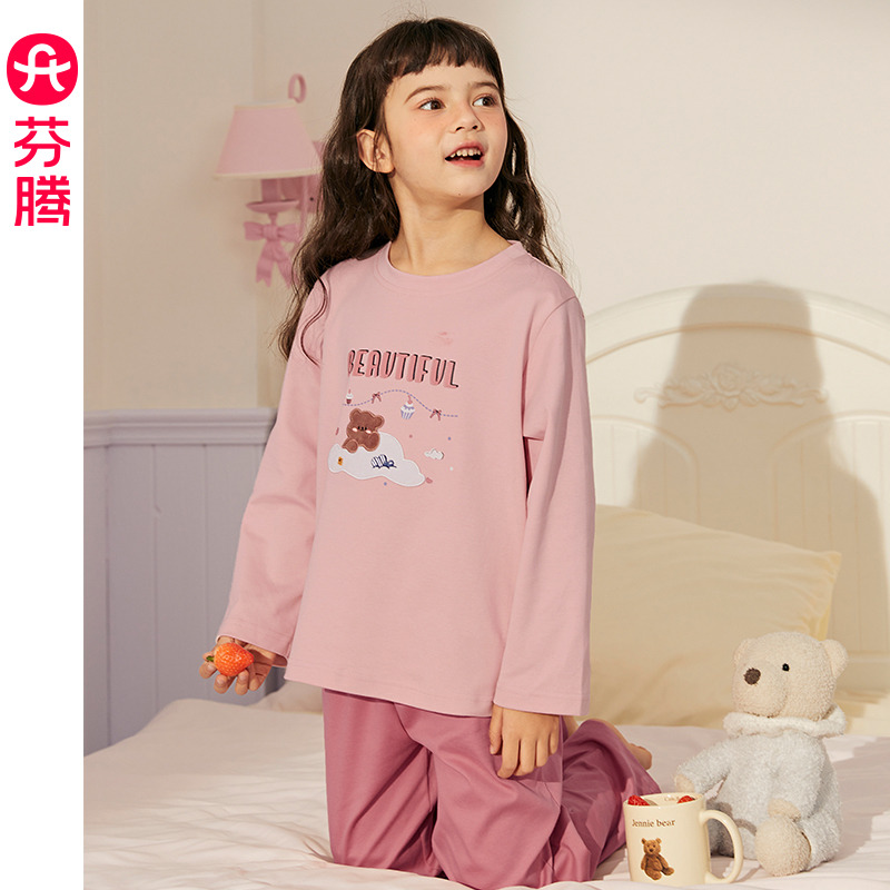 13175194.芬腾春秋纯棉睡衣女童长袖套头圆领卡通全棉中大童女孩家居服套装