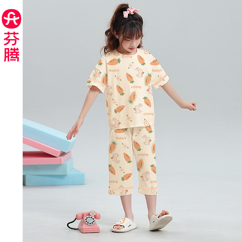 13175754.芬腾服饰女童睡衣夏季纯棉薄款短袖儿童套装可爱中大童女孩家居服