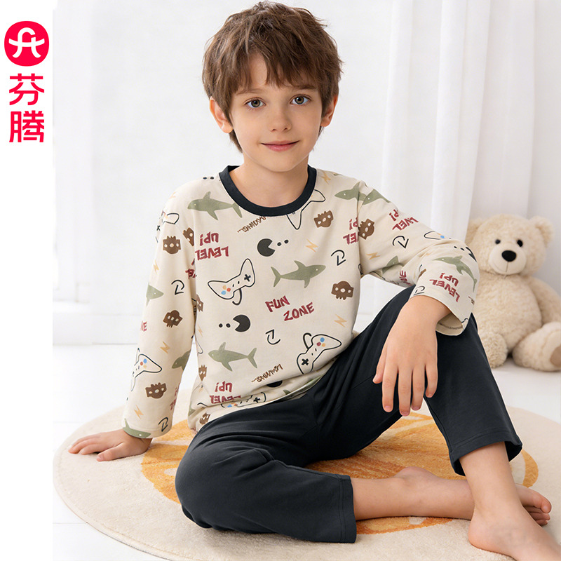 13175110.芬腾男童睡衣春季纯棉圆领长袖套装儿童中大童可爱卡通家居服秋天