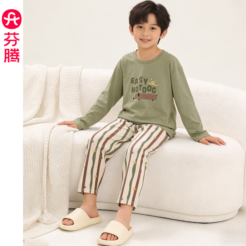 13175106.芬腾儿童睡衣春秋季纯棉长袖套装男童可爱休闲中大童可外穿家居服