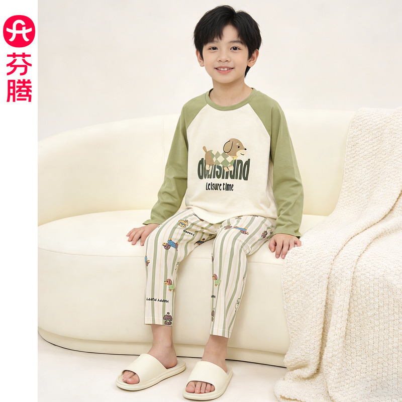 13175087.芬腾男童纯棉睡衣春秋圆领长袖套装卡通休闲宽松儿童中大童家居服