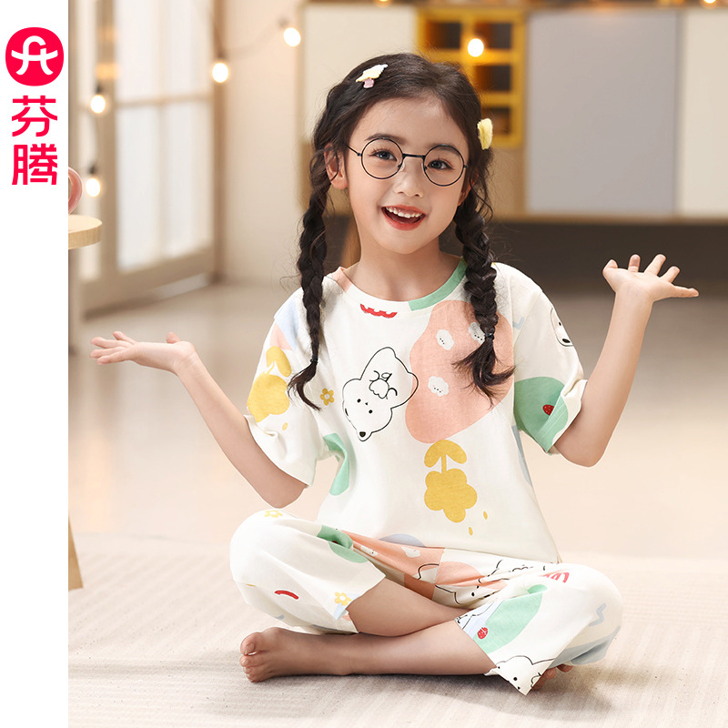 13176040.芬腾睡衣女童纯棉短袖夏季薄款母女套装女孩中大童宝宝亲子家居服