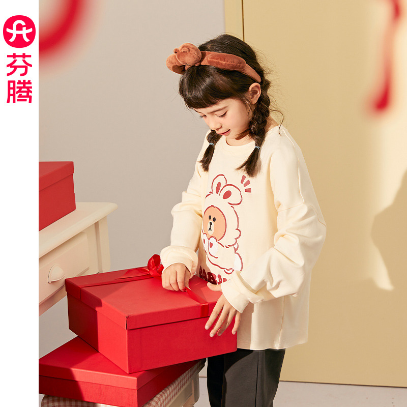 13175785.芬腾女童睡衣春秋季纯棉长袖卡通布朗熊女孩中大童全棉家居服套装