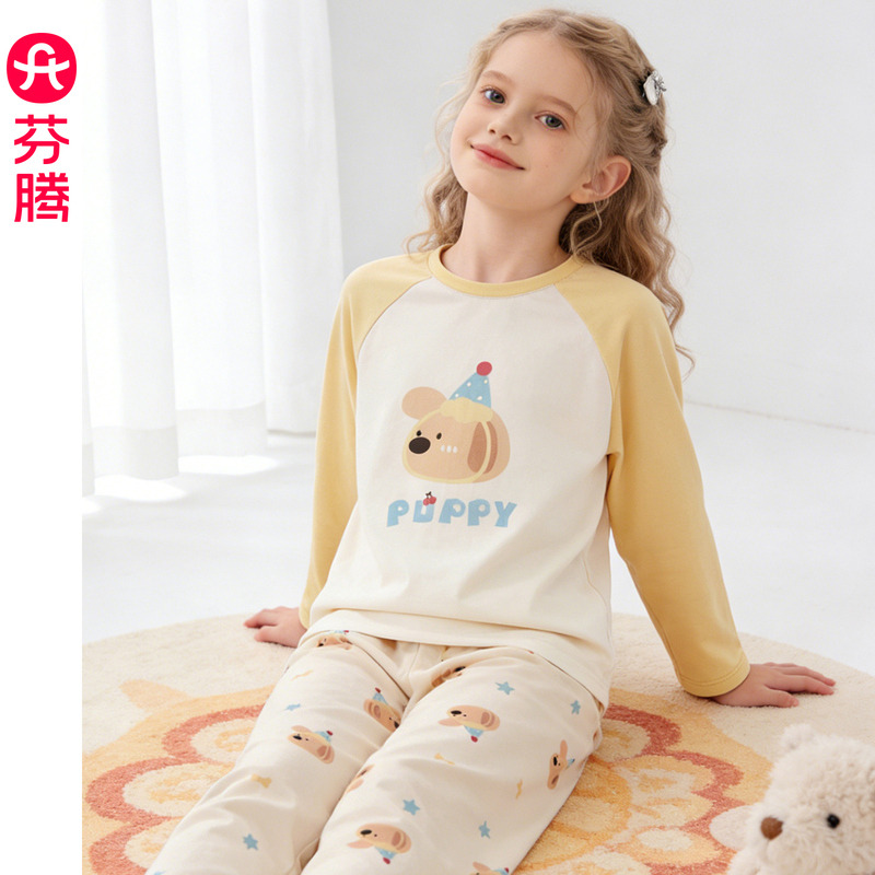 13175082.芬腾女童睡衣春秋纯棉圆领长袖套装卡通休闲儿童中大童全棉家居服