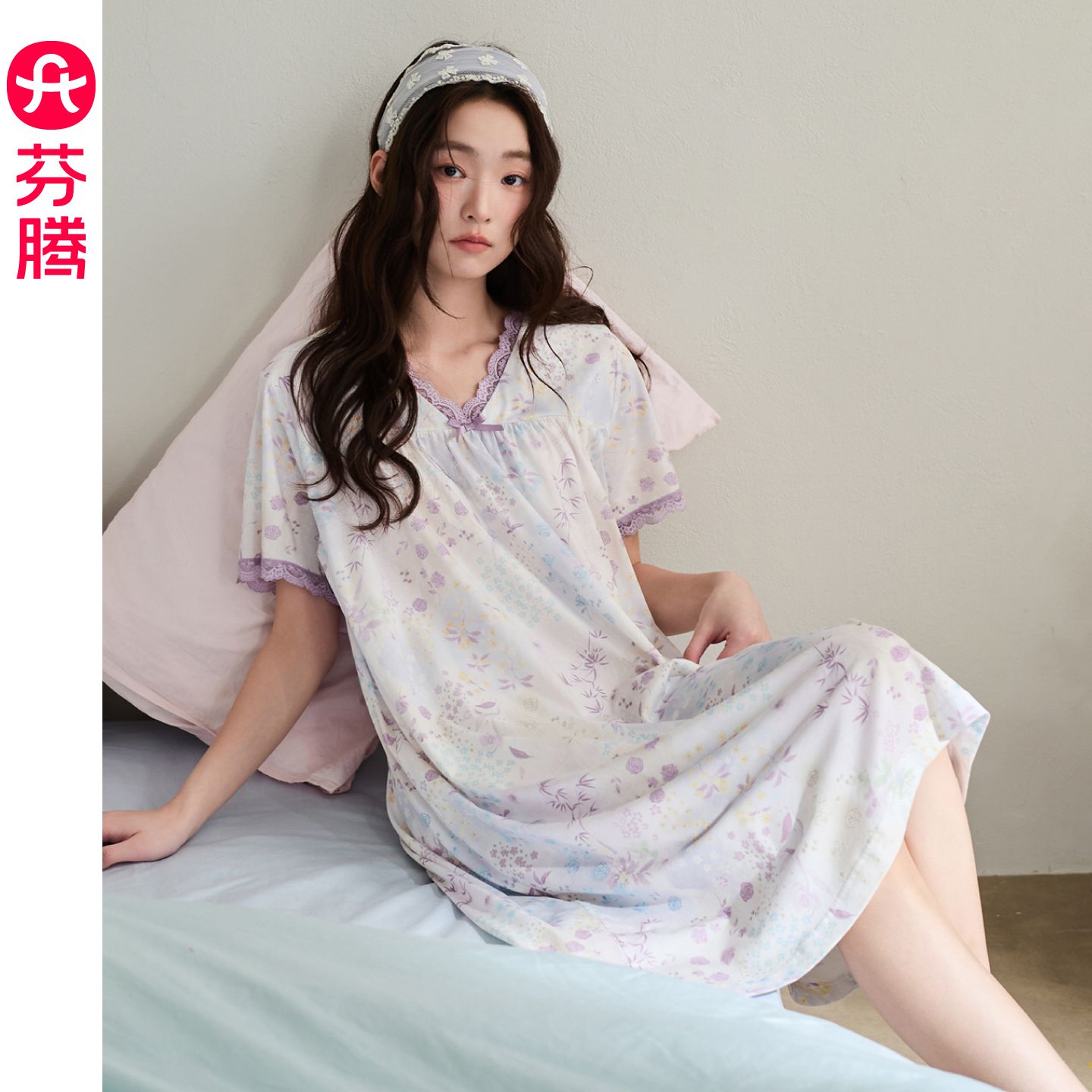 13473648.芬腾2026新款纯棉睡裙女夏季V领碎花短袖凉感全棉可外穿家居服