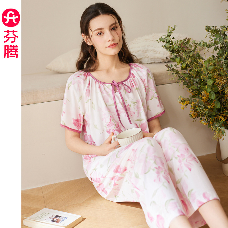 13473643.芬腾女士夏季纯棉睡衣短袖套头宽松薄款甜美风全棉透气家居服套装
