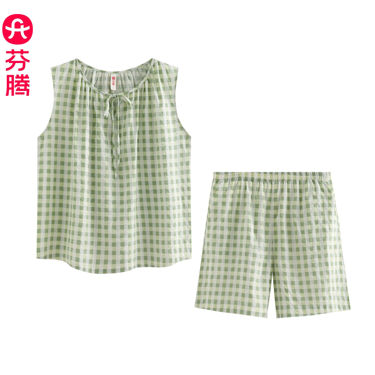 13473641.芬腾莫代尔睡衣女夏季薄款无袖背心格子短裤宽松舒适可外穿家居服