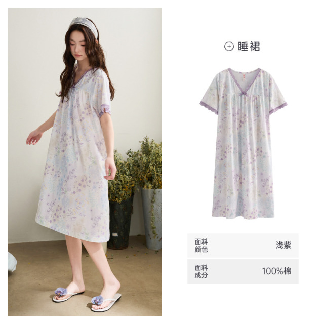 13473648.芬腾2026新款纯棉睡裙女夏季V领碎花短袖凉感全棉可外穿家居服