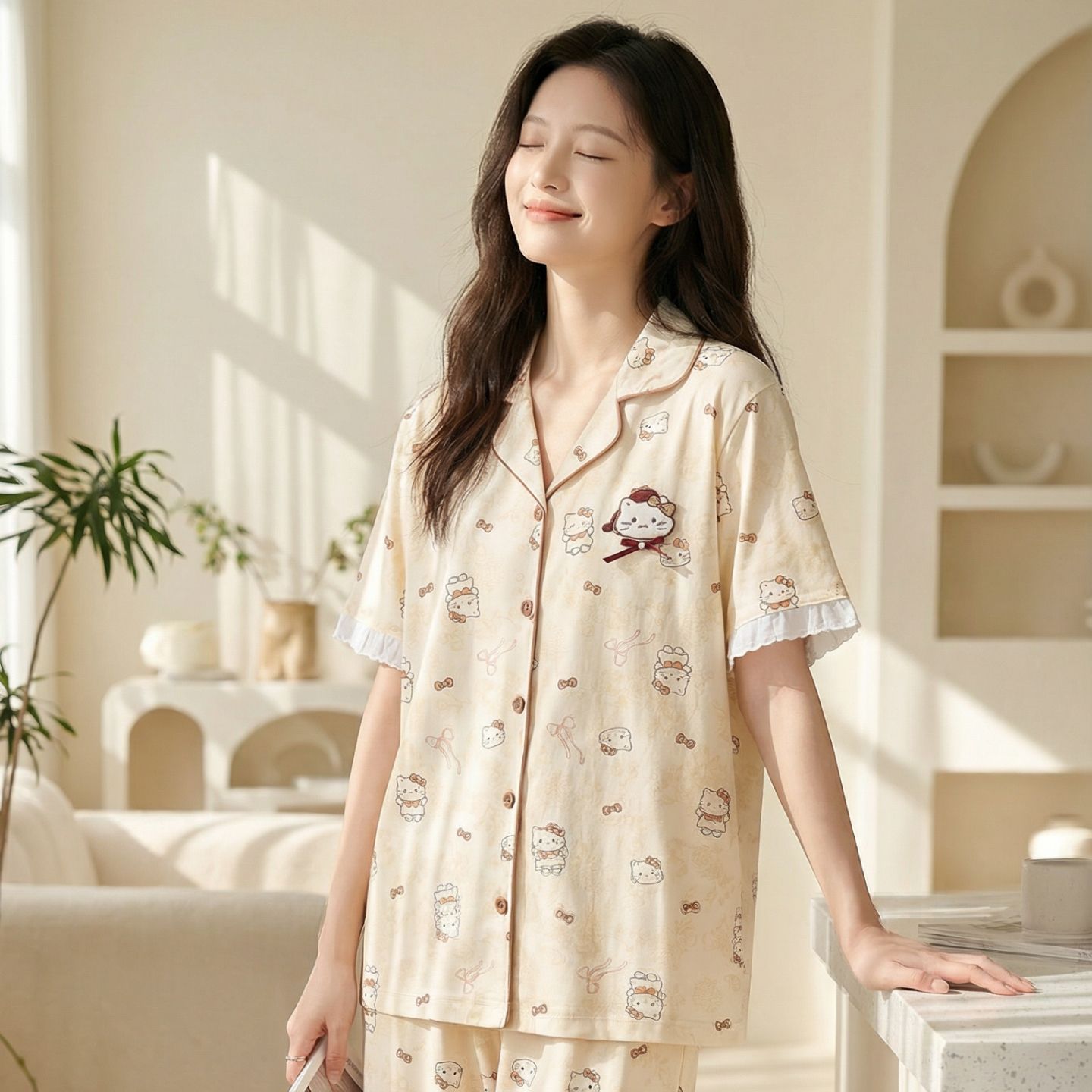 13473627.芬腾女士棉质睡衣夏季卡通印花甜美柔软大码宽松空调房居家家居服