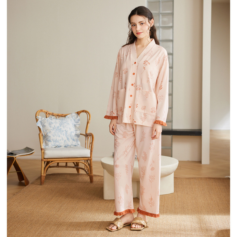 13473564.芬腾女士纯棉长袖睡衣开衫春秋季休闲宽松全棉家居服春季新款套装