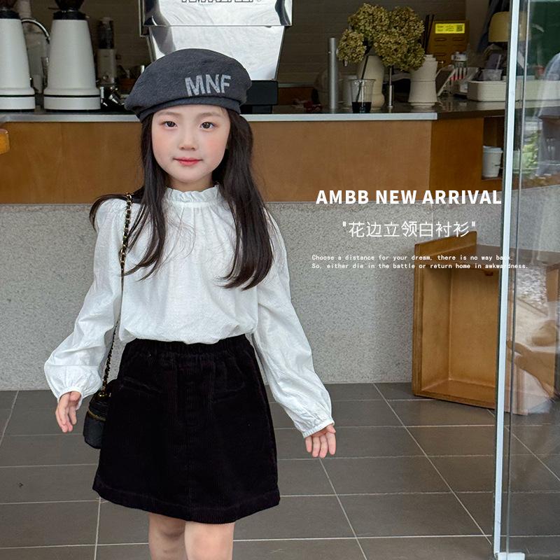 13265536.女童季内搭白色衬衣儿童气质花边立领提花衬衫上衣