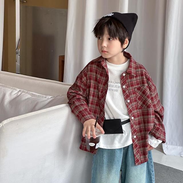 13265550.儿童春版帅气刺绣宽松格子衬衫中大童微弹休闲外套