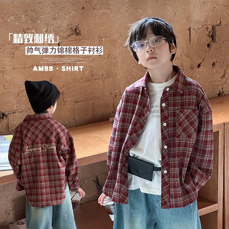 13265550.儿童春版帅气刺绣宽松格子衬衫中大童微弹休闲外套