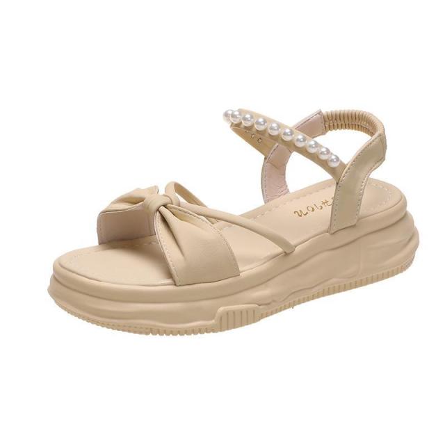 13663383.厚底凉鞋女夏季时尚蝴蝶结珍珠带松糕底简约沙滩软底女鞋