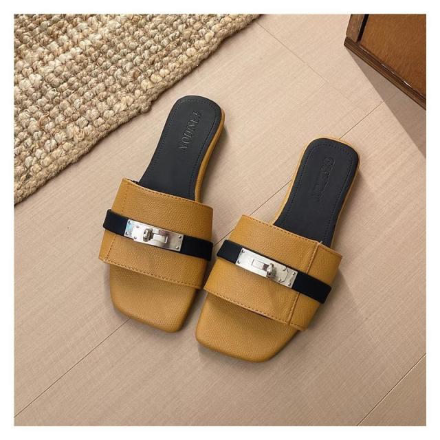 13664003.夏季方头一字拖女锁扣一字平底度假沙滩拖鞋女韩版凉拖外穿