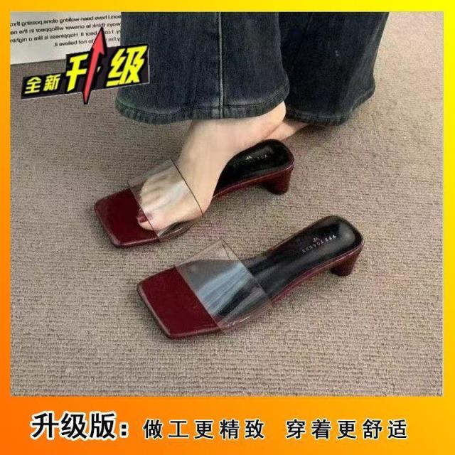 13663340.露趾方头闪闪凉拖沙滩鞋法式平底水钻一字拖鞋女外穿