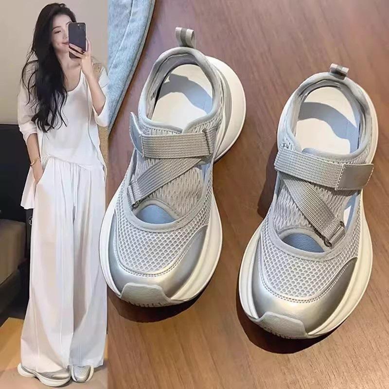 13663702.镂空透气老爹鞋女凉鞋夏季厚底女鞋魔术贴休闲运动鞋