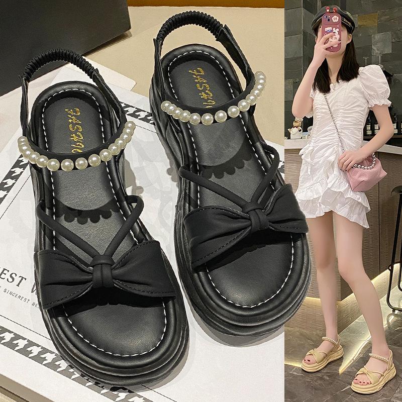 13663383.厚底凉鞋女夏季时尚蝴蝶结珍珠带松糕底简约沙滩软底女鞋