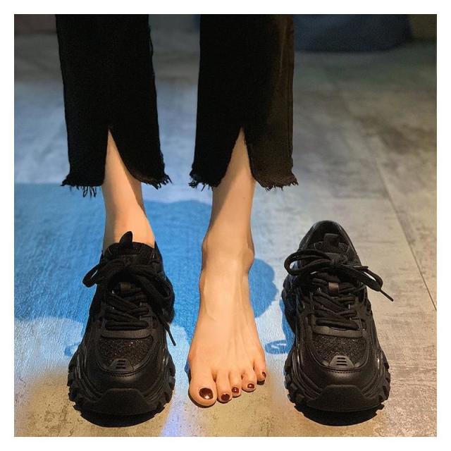 13663277.系带韩版小白鞋春季松糕厚底运动鞋透气网布老爹鞋女