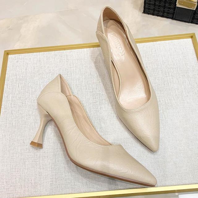 13663888.法式小高跟女鞋细跟春夏职业正装黑色单鞋工作软皮鞋中跟