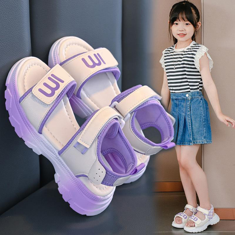 13664450.米囹 女童凉鞋夏季时尚运动中大童儿童沙滩鞋软底露趾鞋子
