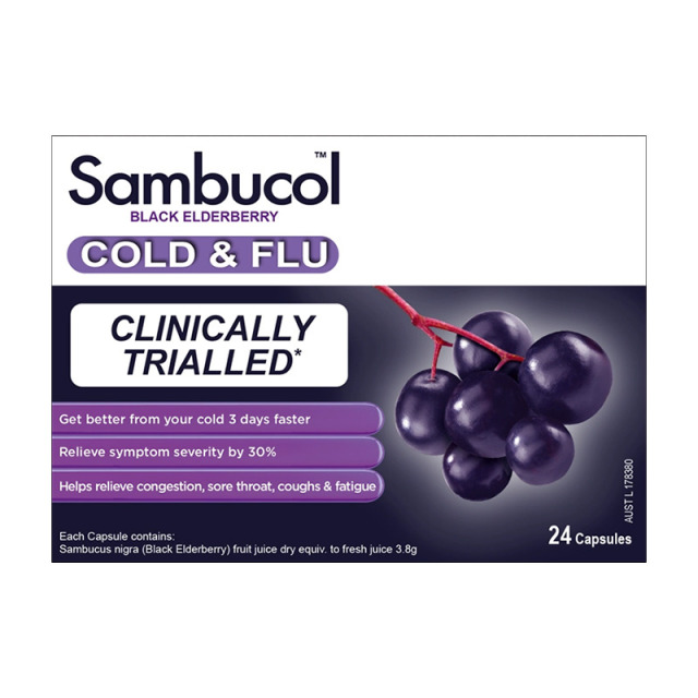 13527328.澳洲进口Sambucol瞬倍康黑接骨木莓免疫胶囊24粒 VC锌成人适用便携胶囊 效期27.2