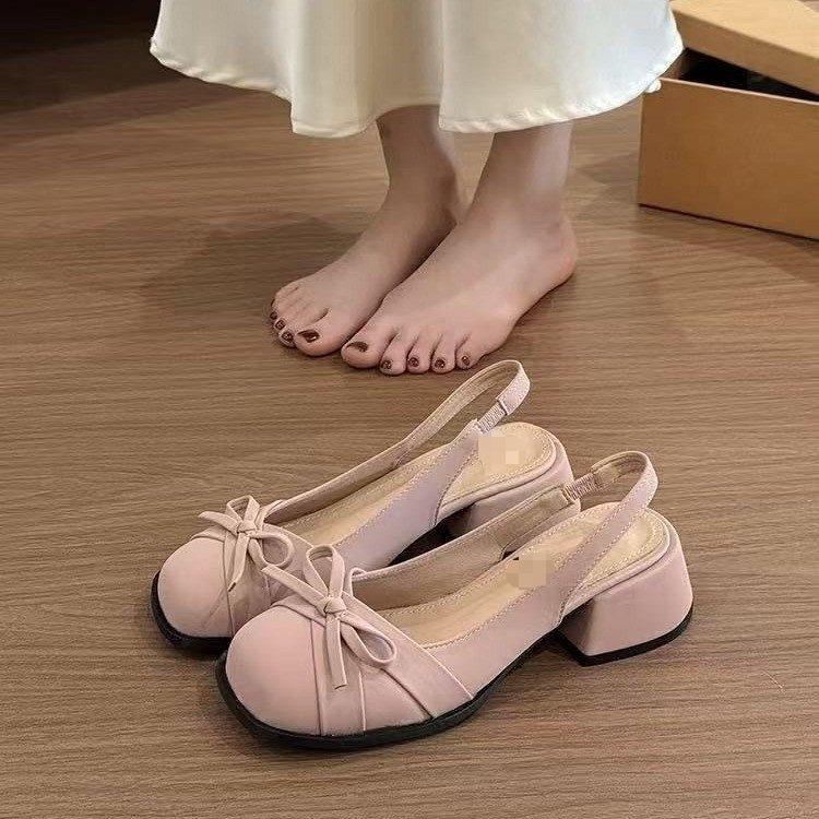 13478035.法式绸缎粗跟粉色玛丽珍女夏季配裙子高跟鞋包头后空凉鞋