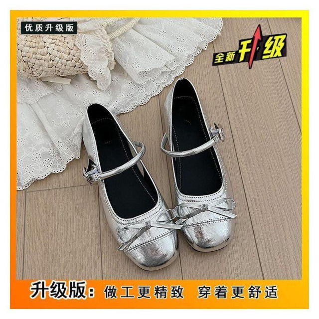 13478813.时尚法式裙子平底浅口银色芭蕾玛丽单鞋珍鞋夏季小皮鞋女