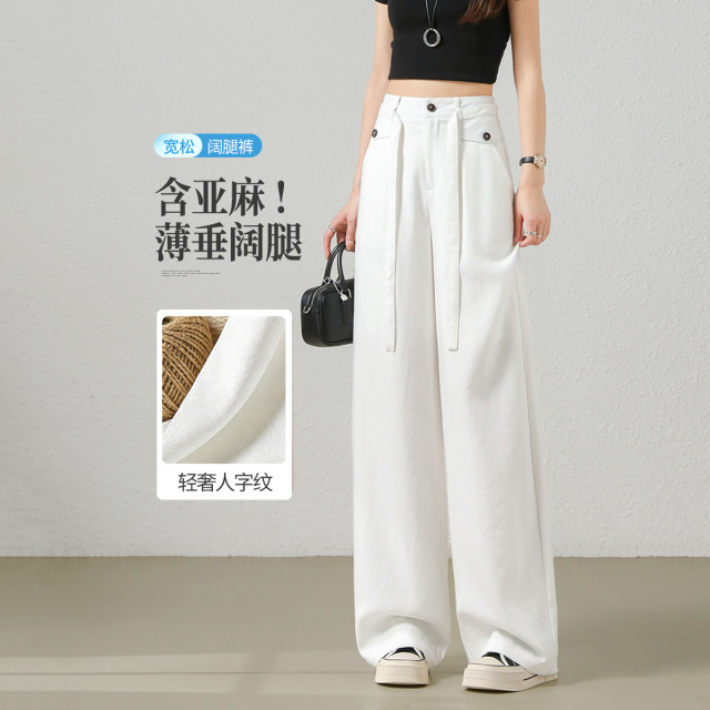 13416416.【左街右巷】白色人字纹亚麻休闲阔腿裤