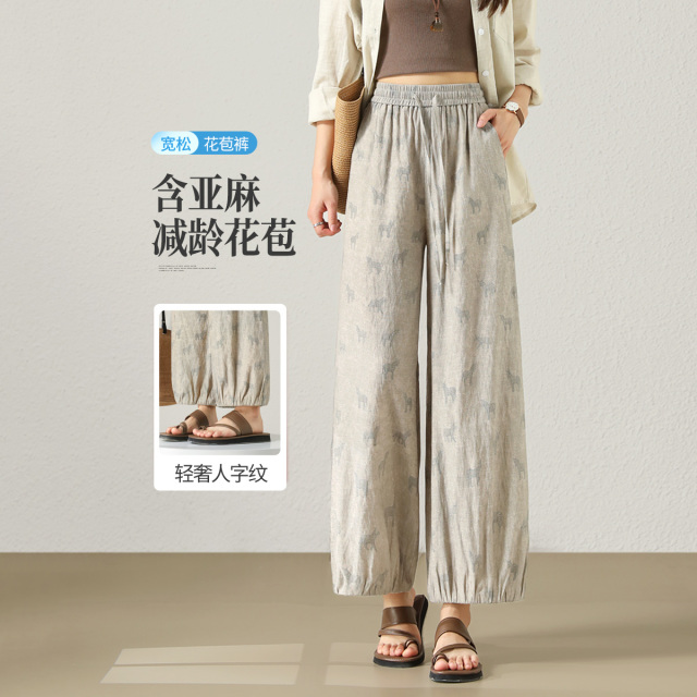 13488466.【左街右巷】夏季九分亚麻轻薄国风印花灯笼阔腿裤