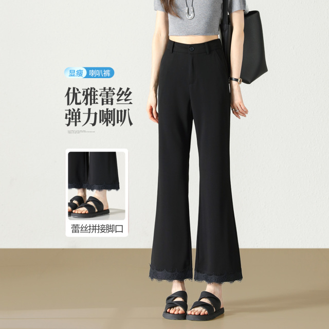 13523579.【左街右巷】蕾丝拼接小个子九分微喇休闲裤