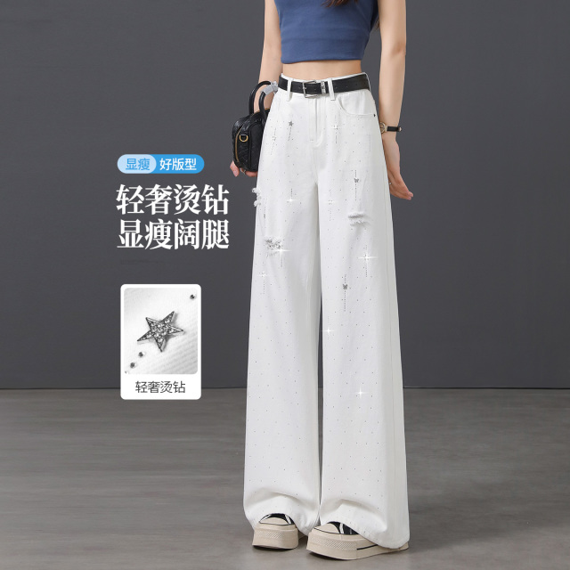 13538131.【左街右巷】全棉轻奢烫钻破洞时髦百搭白色牛仔裤