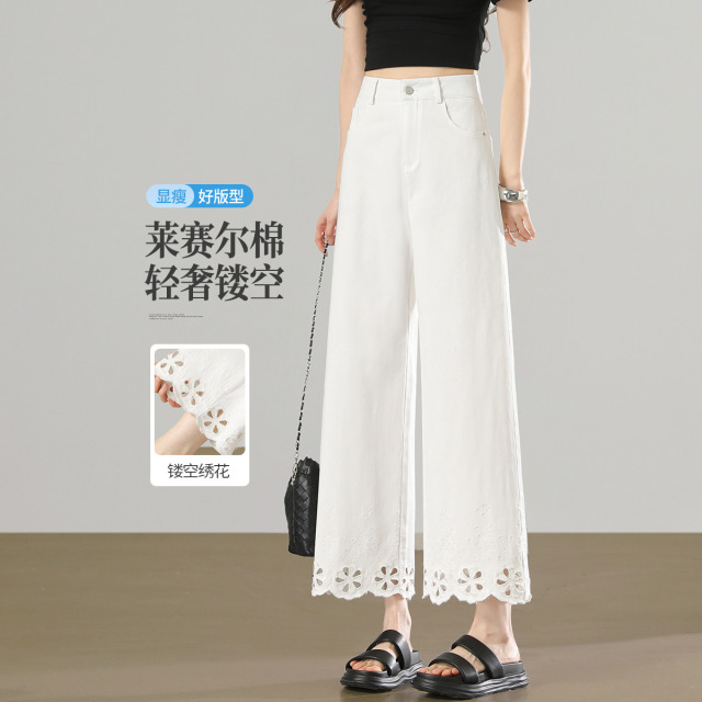 13541807.【左街右巷】镂空刺绣软垂天丝棉小个子白色休闲裤