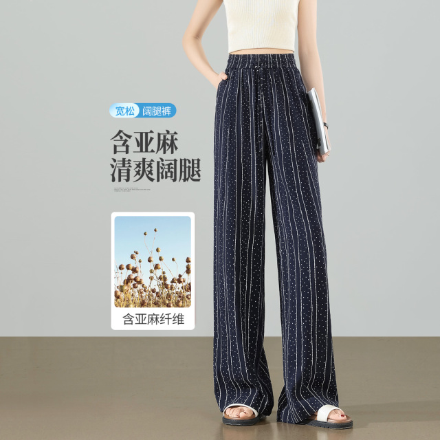 13658846.【左街右巷】含亚麻波点条纹清爽透气宽松直筒阔腿裤