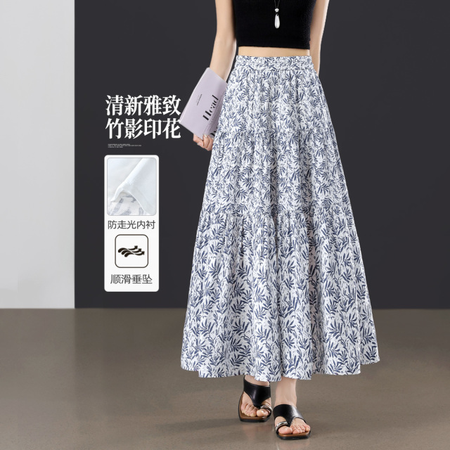 13670262.【左街右巷】竹影印花空气感显瘦灵动轻薄垂顺中长裙