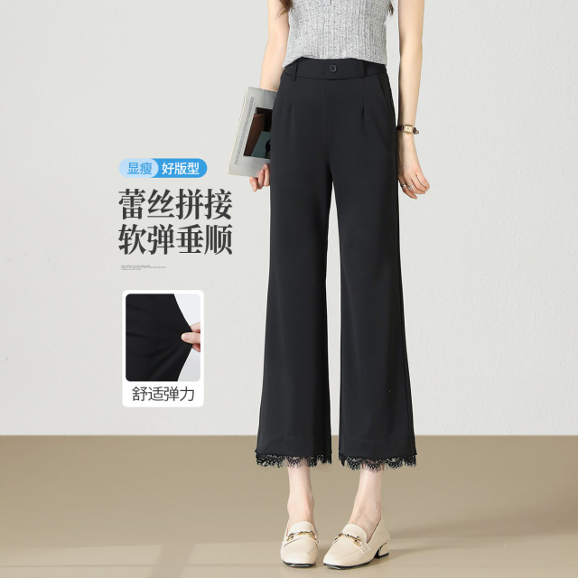13684315.【左街右巷】蕾丝拼接弹力冰丝休闲裤
