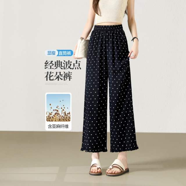 13722126.【左街右巷】含亚麻复古波点木耳边九分休闲阔腿裤
