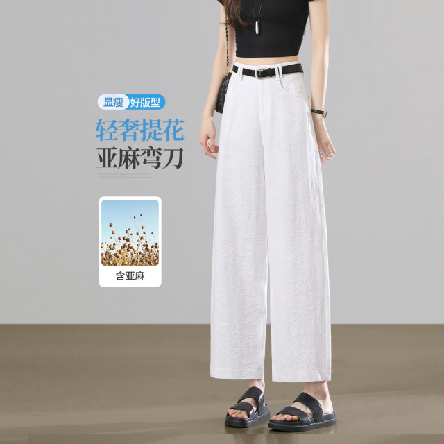 13727594.【左街右巷】轻奢提花亚麻混纺九分弯刀休闲裤