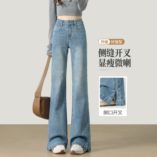 13838125.【左街右巷】高腰复古修身侧缝开叉显瘦喇叭牛仔裤