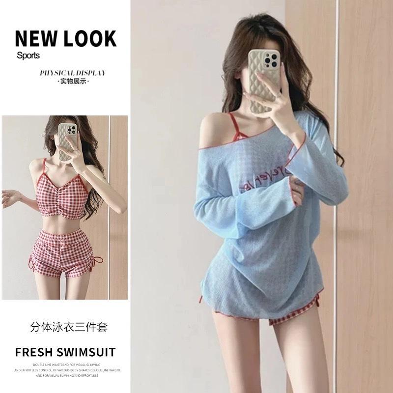 13084864.分体泳衣女三件套多巴胺大码微胖mm遮肚显瘦少女温泉度假沙滩泳装