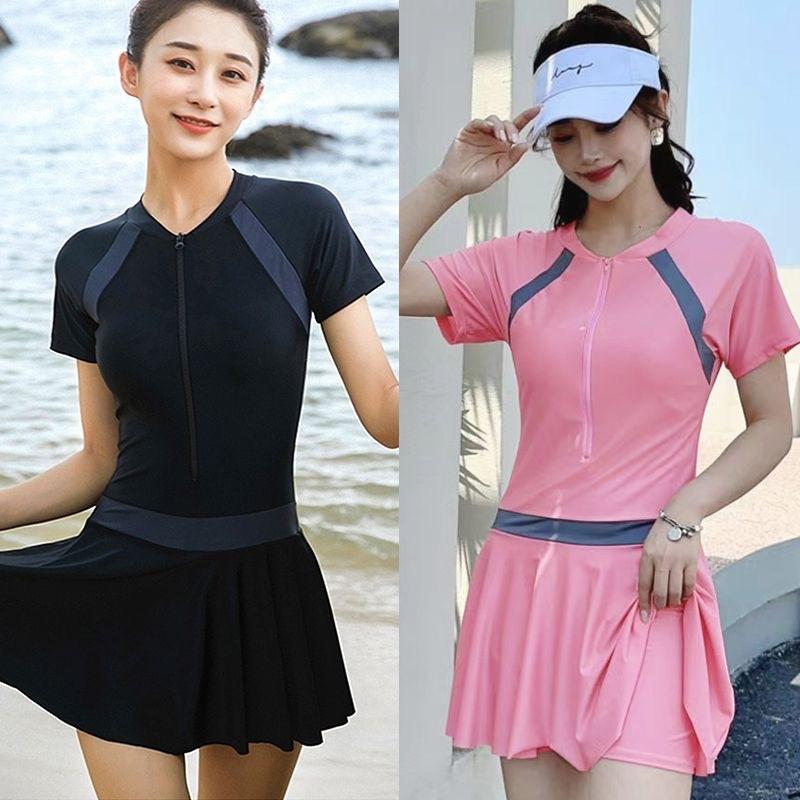 13084900.速干撞色泳衣女泡温泉裙式连体泳衣度假防走光修身显瘦保守风