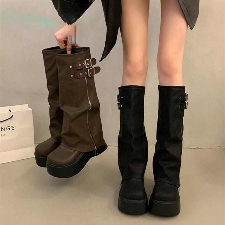 13092448.厚底裤管靴西部骑士靴长筒靴女秋冬不过膝瘦瘦高筒靴