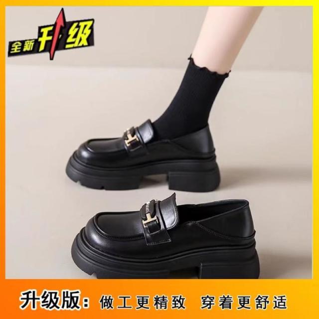 13092464.厚底粗跟小皮鞋女秋百搭法式乐福鞋一脚蹬单鞋潮