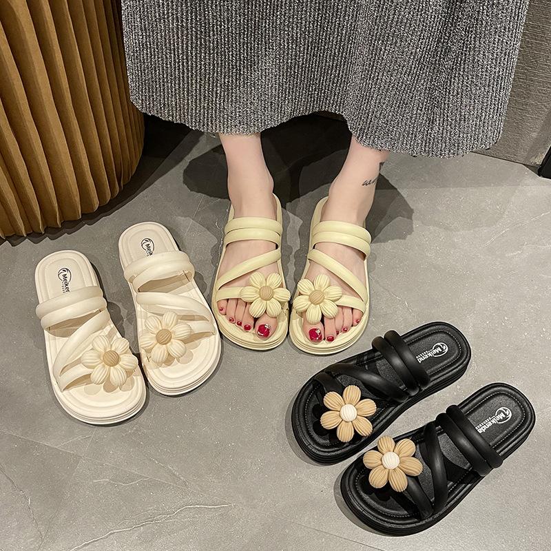 13093713.花朵凉鞋女厚底防滑夏季外出两穿拖鞋罗马休闲
