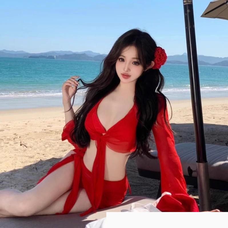 13085580.纯欲显白性感比基尼四件套分体泳衣女长袖遮肉度假长袖