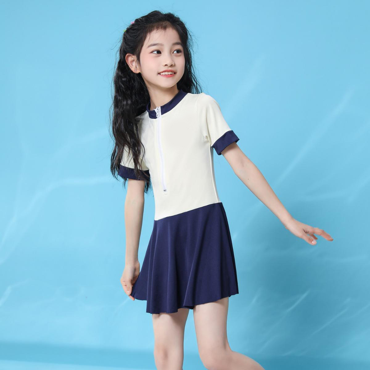 13089598.女童连体泳衣初中生学院风速干游泳衣女孩韩版温泉保守连体裙泳装