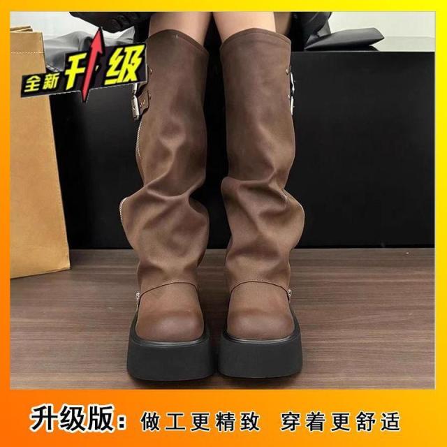 13092448.厚底裤管靴西部骑士靴长筒靴女秋冬不过膝瘦瘦高筒靴