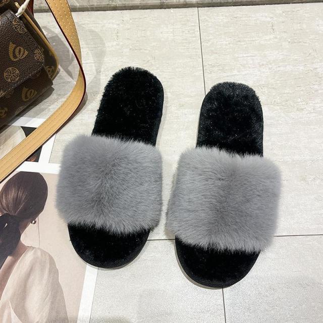 13092639.毛毛纯色平底拖鞋女居家休闲兔毛一字开口棉拖鞋