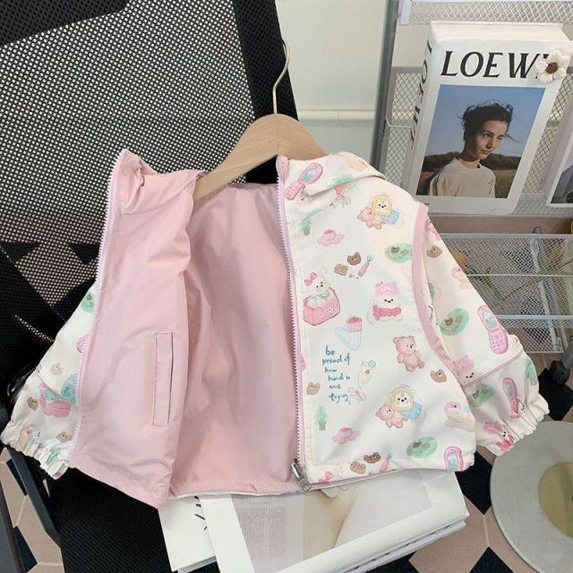 13125643.女小童外套春秋装洋气女孩两面穿春秋宝宝连帽上衣冲锋衣